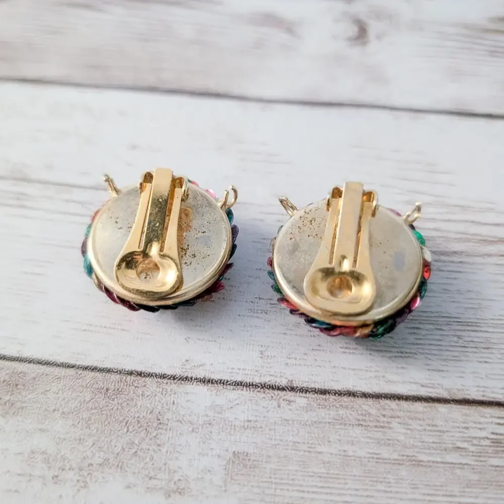 Vintage Clip On Earrings Multi Colored Sequins